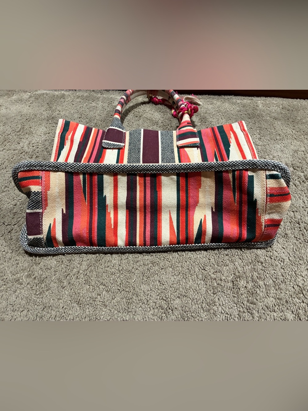 Vince Camuto Orla Cotton Canvas Stripe Large Tassel Tote Bag Pink Multi - Picture 3 of 16